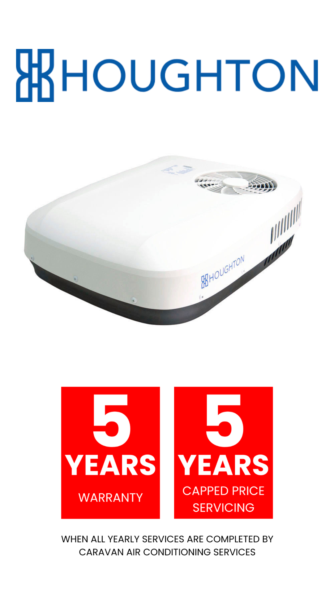 Houghton Belaire Aircon image with logo and 5 years warranty description